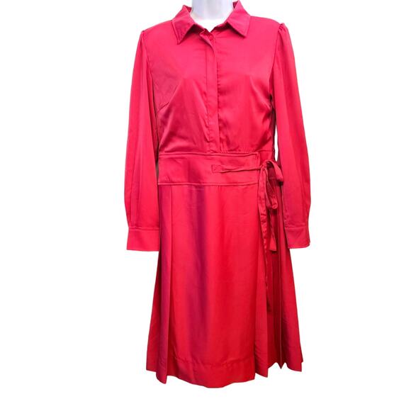 Mima Rosso Pink Kelsea Wrap Midi Dress Size L Pleated Collard Modest Barbiecore - Picture 1 of 8